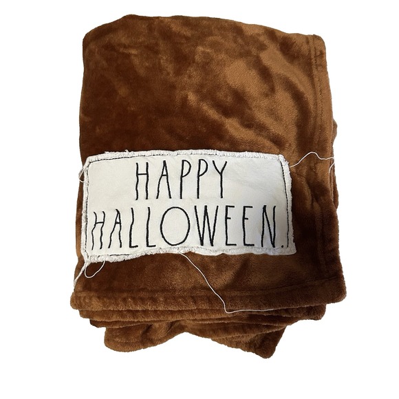 RAE DUNN Halloween Plush Throw Blanket Burnt Orange/ Rust Tone Farmhouse 62x48" - Picture 1 of 6